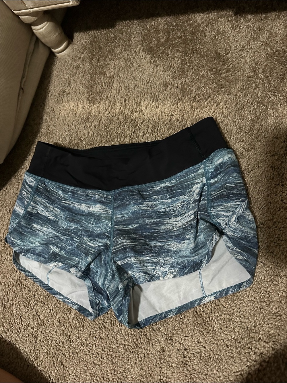 Lululemon Athletic Shorts – Blue Marbled Print with Black Waistband